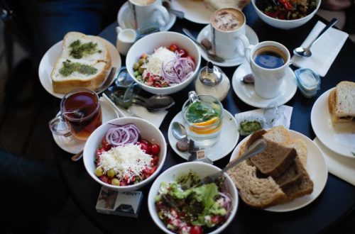 Top view of diverse breakfast options on a table, perfect for foodies.